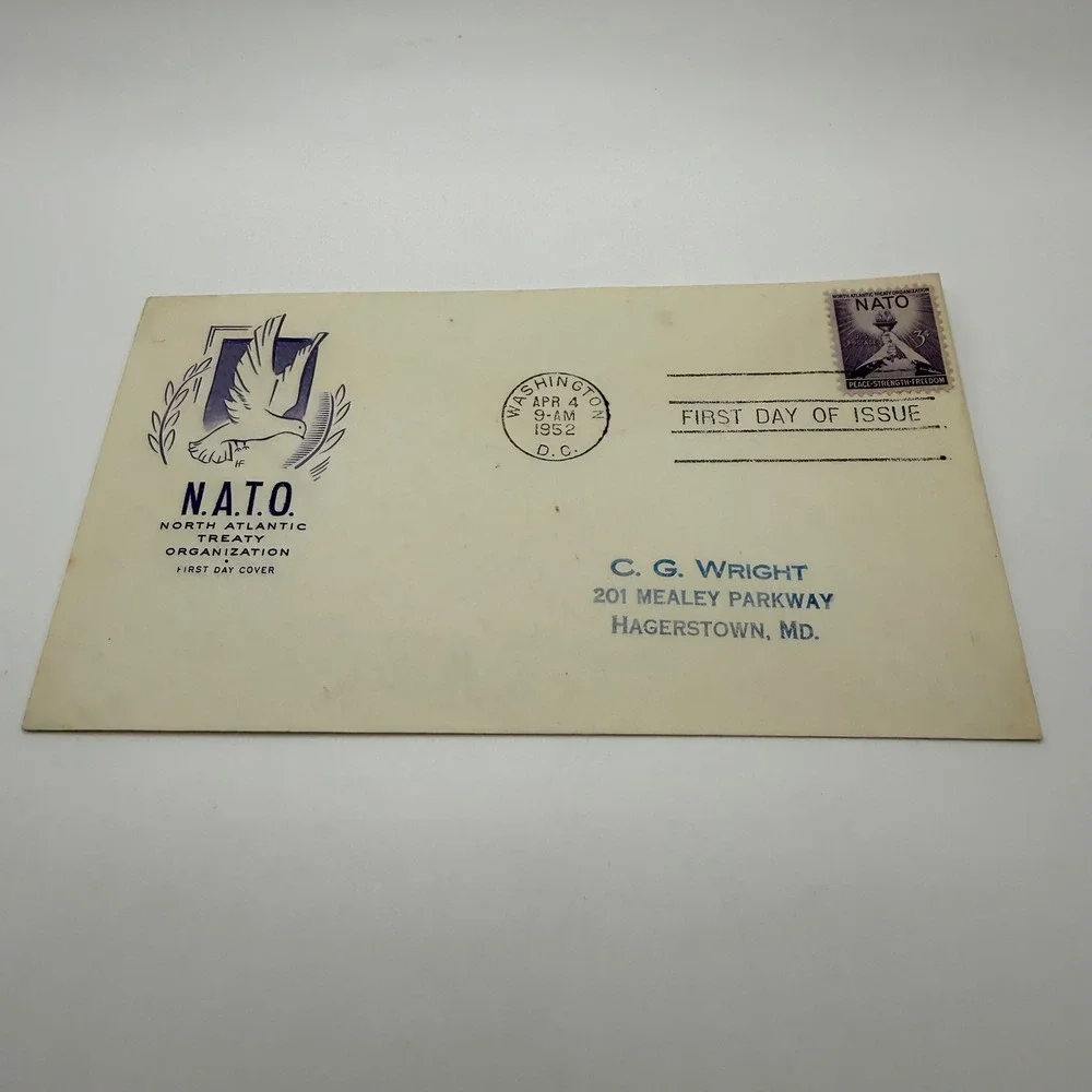 Vintage 1952 NATO First Day Cover 3c Stamp Washington DC Postmark April 4 1952